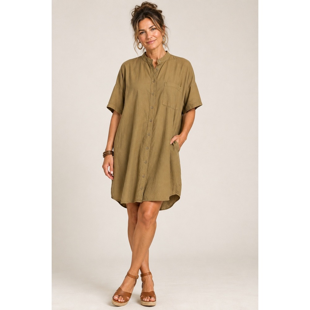 Madewell Women Khaki Tan Cotton Modal Short Sleeve Button Front Shirt Dress L